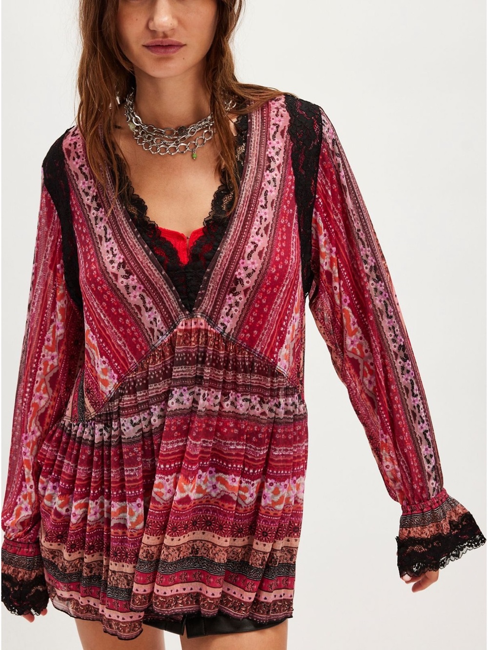 Free People Natalie Printed Long Sleeve Top - Plumb Combo